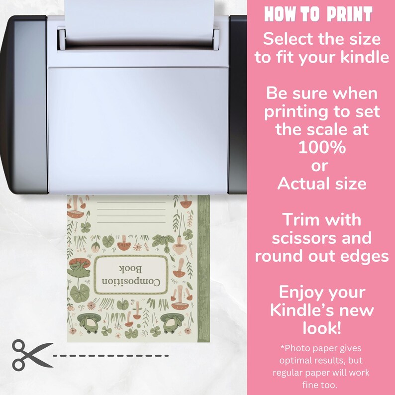 May include: A printed composition book design with a botanical theme, featuring mushrooms and other plants, emerges from a printer. The text on the design reads "Composition Book." Instructions on how to print and trim the design are also visible.
