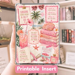 May include: A pink and white printable insert for a tablet case featuring a beach theme. The design includes illustrations of books, palm trees, a cocktail, and the text "Sunshine, Good Books & Salty Air".