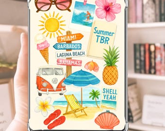 May include: A clear phone case featuring a collage of summer-themed illustrations. Includes sunglasses, a sun, ice cream, a VW bus, beach scenes, a pineapple, and the text "Summer TBR" and "Shell Yeah". The case has a beach vacation theme.