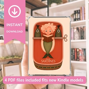 May include: A clear Kindle case featuring a whimsical illustration of a mermaid reading a book inside a sardine can. The design includes the text "SELKIE SARDINES" and "INSTANT DOWNLOAD". The case is designed to fit new Kindle models.