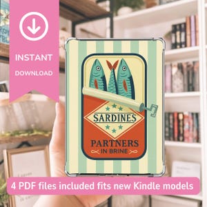 May include: A clear Kindle case with a sardine can design. The can is red with the word "Sardines" and "Partners in Brine" printed on it. The case has a striped background with the words "Instant Download".