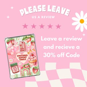 May include: Pink background with text that says "PLEASE LEAVE US A REVIEW". A Kindle case with strawberry and cupcake designs is in the center. The text "Leave a review and receive a 30% off Code" is also present.