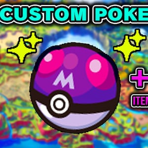 Könnte beinhalten: Eine digitale Illustration eines glänzenden Pokémon in einem Pokéball. Das Pokémon ist lila mit rosa Akzenten und einem großen Buchstaben "M" auf seiner Brust. Der Text "ANY CUSTOM POKÉMON" befindet sich oben im Bild. Der Text "SHINY" ist in rosa, "ANY NATURE" ist in weiß und "6IV" ist in rosa. Der Text "+ FREE ITEM OF CHOICE" ist in rosa und weiß. Der Text "PokeRUs" ist in rosa und weiß.