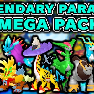 May include: A digital illustration of a Pokemon Mega Pack featuring six legendary Paradox Pokemon, including Iron Valiant, Great Tusk, and Flutter Mane. The text "LEGENDARY PARADOX MEGA PACK + ANY 6 ITEMS" is displayed in a bright blue and green font. The image also includes the text "PERFECT ANY NATURE 6IV" and the Pokemon Scarlet and Violet logos.