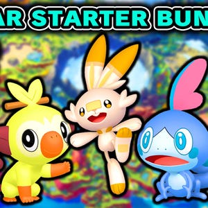 May include: A promotional image for a Galar Starter Bundle featuring three animated characters in yellow, white, and blue. Text includes "EV Trained", "Perfect", "Shiny", and "6IV". The image also displays the text "Pokemon Scarlet" and "Pokemon Violet".