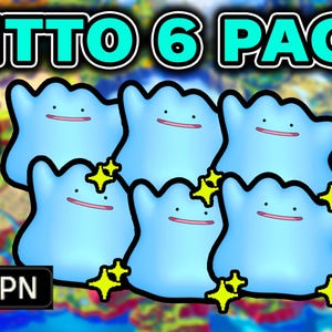 May include: A digital illustration of six blue Ditto Pokemon with sparkling stars. The text "DITTO 6 PACK" is at the top of the image. The text "MASUDA ANY NATURE 6IV JPN" is at the bottom left of the image. The text "ANY 6 ITEMS" is at the top right of the image. The text "PokéRUs" is at the bottom right of the image.