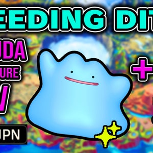 Könnte beinhalten: Ein blaues Ditto-Pokémon vor einem rosafarbenen Hintergrund. Der Text "Breeding Ditto" befindet sich oben im Bild. Der Text "Masuda Any Nature 6IV" ist in Pink auf der linken Seite des Bildes. Der Text "JPN" ist in Weiß auf schwarzem Hintergrund auf der linken Seite des Bildes. Der Text "+ FREE" ist in Pink auf der rechten Seite des Bildes. Der Text "PokeRus" ist in Pink unten rechts im Bild.