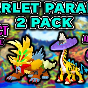 May include: A digital image advertising a two-pack of Pokemon Scarlet and Violet Paradox Pokemon. The image features a golden and red Pokemon with a large mane and a yellow and black Pokemon with a purple head and a large purple hat. The text "SCARLET PARADOX 2 PACK + ANY 2 ITEMS" is displayed in the image.