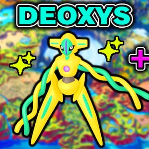 May include: Shiny Deoxys, a yellow and green Pokemon, with a purple gem on its chest. The text "Shiny Any Nature 6IV" is in pink and purple. The text "Deoxys" is in blue and green. The text "+ FREE" is in pink and white. A Pokeball with a purple and pink design is in the lower right corner. The text "PokeRus" is in pink and white.
