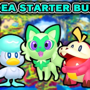 May include: A Paldea Starter Bundle graphic featuring three animated characters: a blue and white duck, a green cat-like creature, and a red crocodile. The image includes text that reads "EV TRAINED PERFECT SHINY 6IV" and "ANY 3 ITEMS".