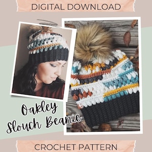 May include: Digital download for a crochet pattern for an Oakley Slouch Beanie. The beanie is displayed in two images, one worn by a person. The beanie is dark grey with white, yellow, orange, and teal accents and a faux fur pom-pom.