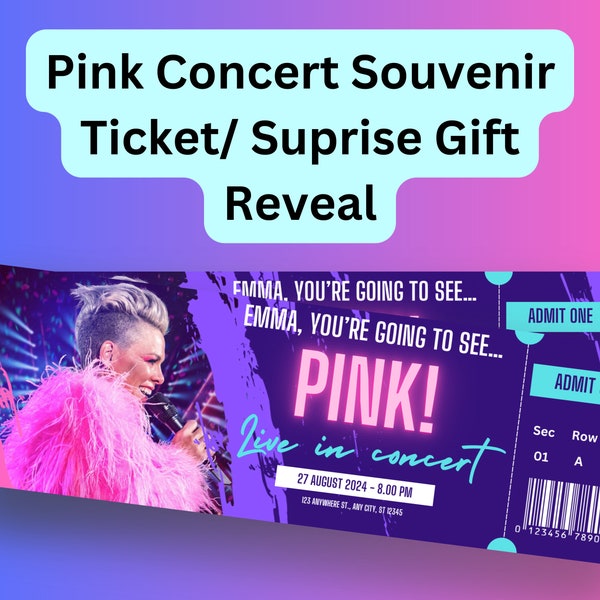 Tour PINK imprimible 2024 / Pase de espectáculo de concierto musical / Revelación de regalo sorpresa / Descarga personalizada editable de boleto de recuerdo