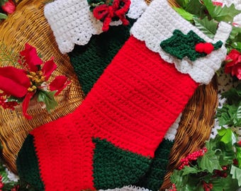 Custom Crochet Christmas Stocking With Liner and Motif - Red