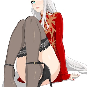 May include: Illustration of a person with long white hair, wearing a red dress with a gold pattern, black high heels, and gray stockings. The person is sitting with legs crossed, smiling.