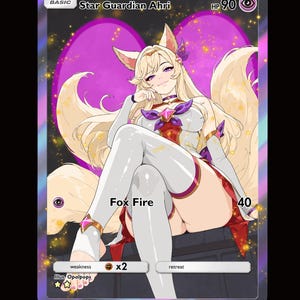 May include: A trading card featuring the character Star Guardian Ahri. The card has a purple and white color scheme with the text "Fox Fire" and "HP 90". The illustration depicts a female character with blonde hair and fox-like features.
