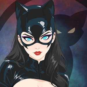 Puede incluir: Ilustración de una mujer con un disfraz de gato negro. La imagen presenta el texto "CAT WOMAN" en amarillo. La mujer tiene ojos azules, lápiz labial rojo y una máscara negra con orejas de gato. Una silueta de gato está en el fondo.