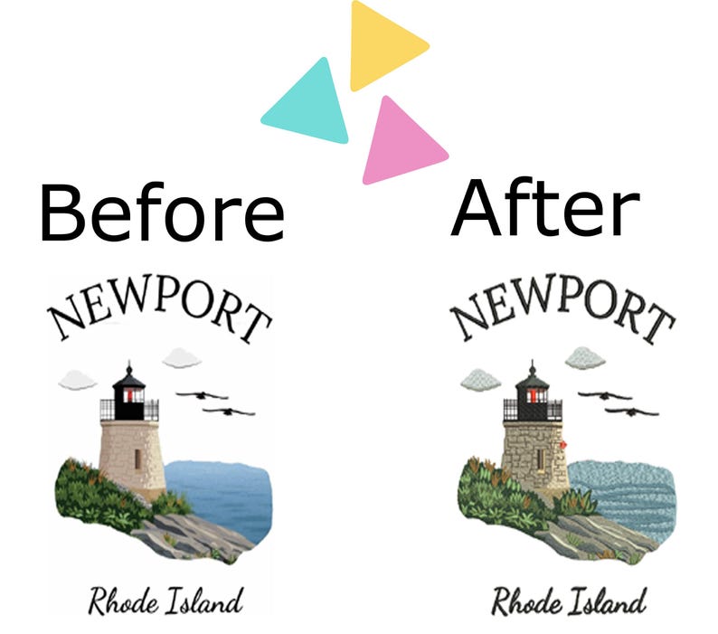 May include: Before and after image showing a lighthouse graphic with the text "NEWPORT" above it and "Rhode Island" below it. The "After" image shows the lighthouse graphic with a more detailed and realistic look.