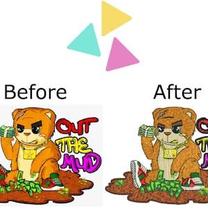May include: An embroidered patch featuring a cartoon bear wearing a gold chain and holding stacks of money. The bear is standing in a brown puddle of mud with the words "Out the Mud" in colourful letters.