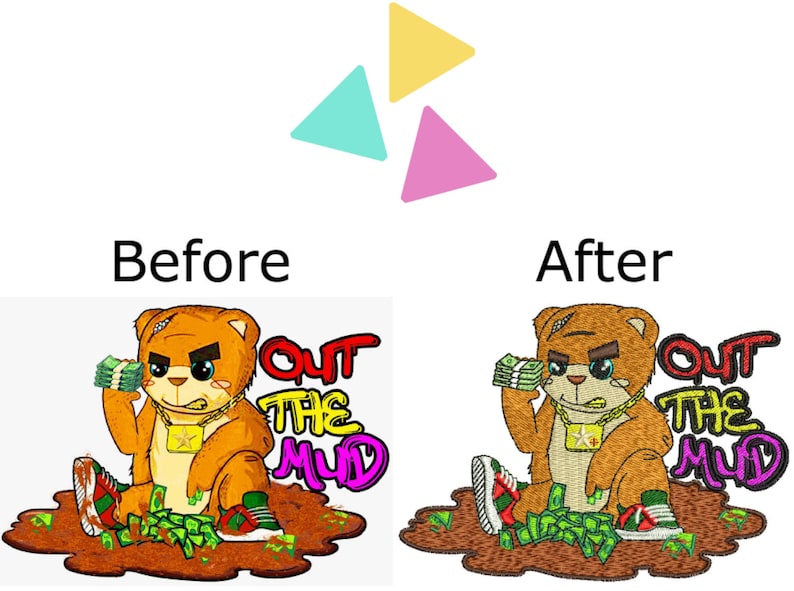 May include: An embroidered patch featuring a cartoon bear wearing a gold chain and holding stacks of money. The bear is standing in a brown puddle of mud with the words "Out the Mud" in colourful letters.
