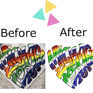 May include: Before and after image of a rainbow embroidered heart with the text "MICHAEL KORS" in a heart shape. The before image shows the embroidery on a grey fabric. The after image shows the embroidery isolated on a white background.