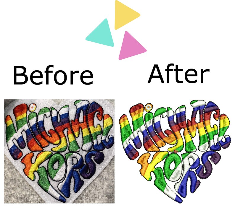 May include: Before and after image of a rainbow embroidered heart with the text "MICHAEL KORS" in a heart shape. The before image shows the embroidery on a grey fabric. The after image shows the embroidery isolated on a white background.
