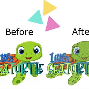 May include: A green sea turtle with a blue and orange shell and the text "Little Sea Turtle" in blue and green letters.