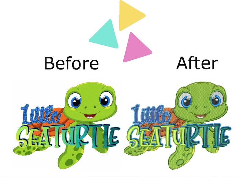 May include: A green sea turtle with a blue and orange shell and the text "Little Sea Turtle" in blue and green letters.