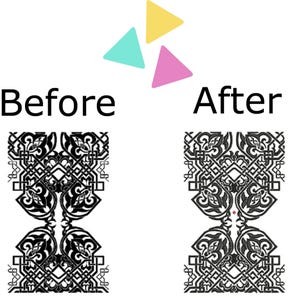 May include: Before and after image showing a black and white intricate design. The design is a symmetrical pattern with a central diamond shape. The "After" image shows the design with a red dot in the centre of the diamond.