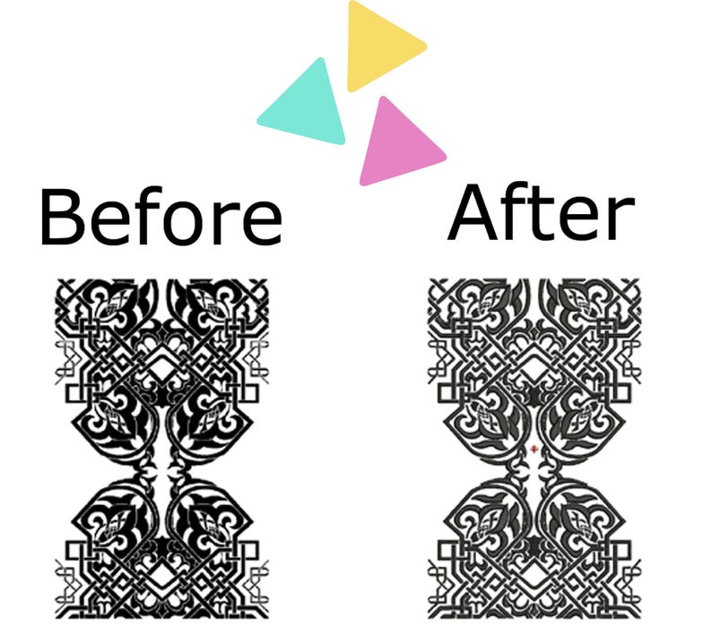 May include: Before and after image showing a black and white intricate design. The design is a symmetrical pattern with a central diamond shape. The "After" image shows the design with a red dot in the centre of the diamond.