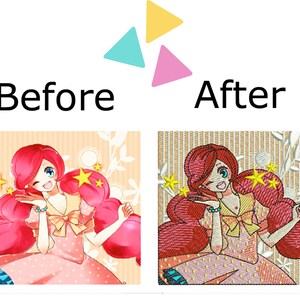 May include: Before and after image of a digital illustration of a girl with pink hair and a pink and white polka dot dress. The image on the left is the original illustration. The image on the right is an embroidered version of the illustration.