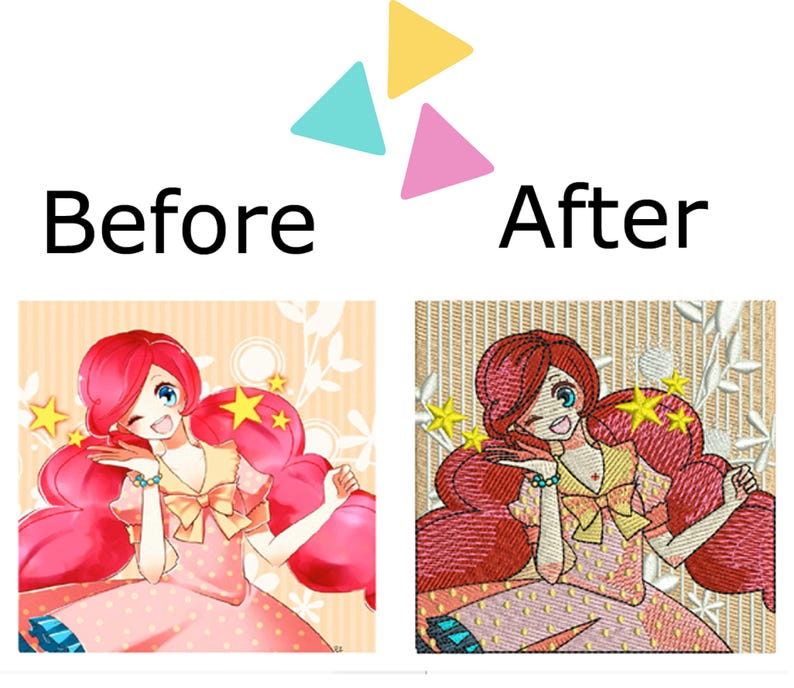 May include: Before and after image of a digital illustration of a girl with pink hair and a pink and white polka dot dress. The image on the left is the original illustration. The image on the right is an embroidered version of the illustration.