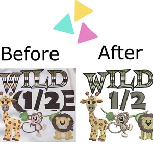 May include: A white onesie with an embroidered design of a giraffe, monkey, and lion. The design says "WILD 1/2" in brown and black letters.