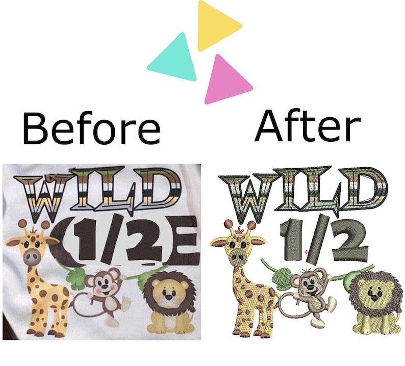 May include: A white onesie with an embroidered design of a giraffe, monkey, and lion. The design says "WILD 1/2" in brown and black letters.