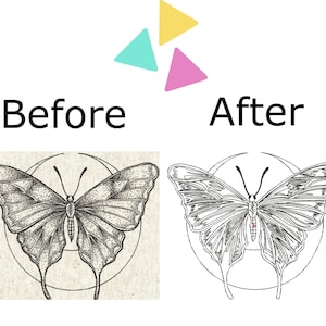 May include: A black and white line drawing of a butterfly with intricate details. The butterfly is centred within a circle and has its wings spread out.