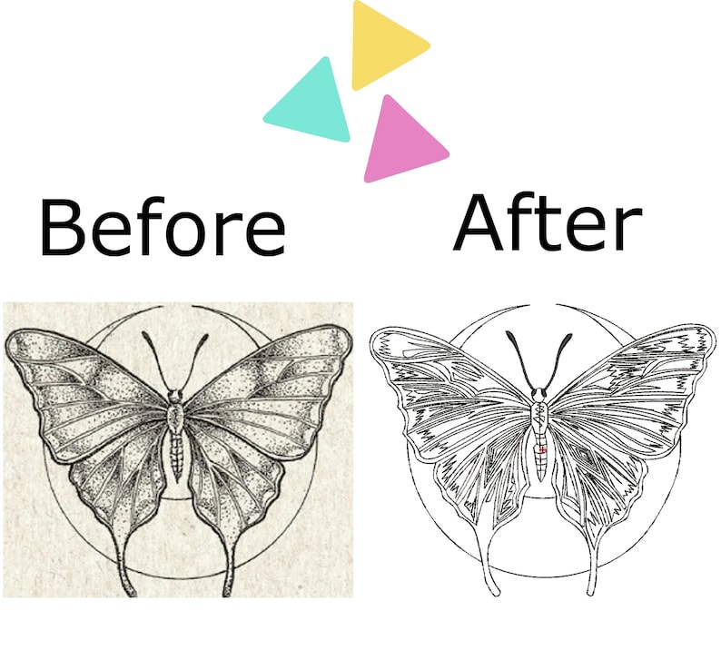 May include: A black and white line drawing of a butterfly with intricate details. The butterfly is centred within a circle and has its wings spread out.