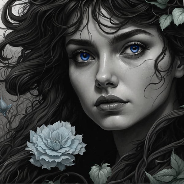 Zauberhafte Gothic und Romantik Kunst, wunderschöne blauäugige junge Maid, Göttin oder Nymphe inmitten wilder Blüten vor dem Schloss - digitaler Download.
