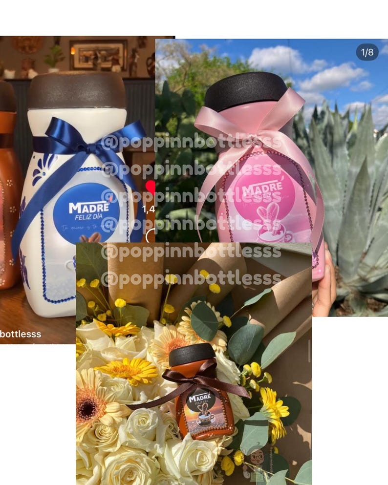 May include: Three ceramic jars with a floral design and the word "MADRE" on them. The jars are decorated with blue and pink ribbons and are filled with a brown liquid. The jars are sitting on a table with a bouquet of flowers.