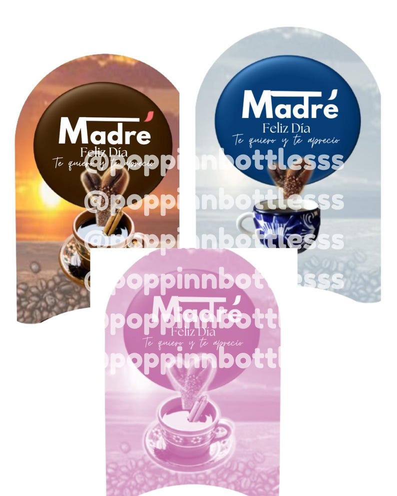 May include: Three different designs for a Mother's Day gift tag. Each tag features a coffee cup with a heart-shaped steam rising from it. The text on the tags reads "Madre" and "Feliz Dia" which translates to "Mother" and "Happy Day".