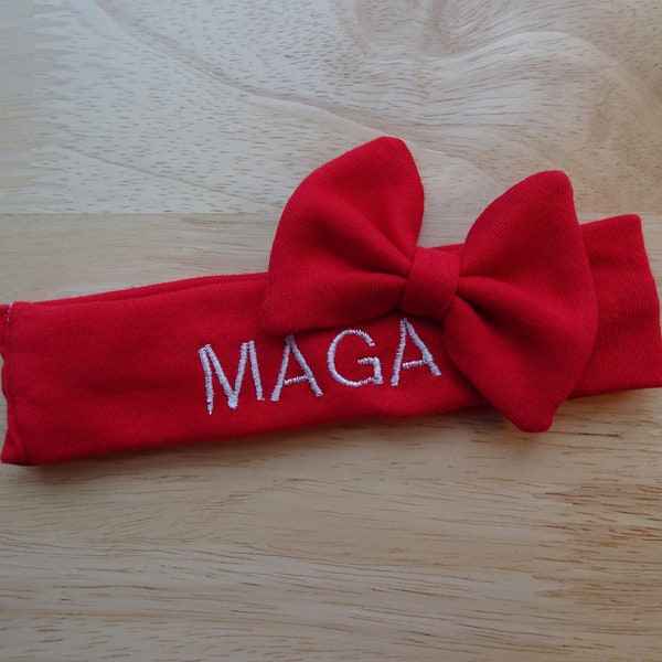 MAGA Baby Headband, Red Bow, Newborn Bow, Infant, Make America Great Again, Embroidered, TRUMP 2024, Baby Girl Gift, Republican Baby Clothes