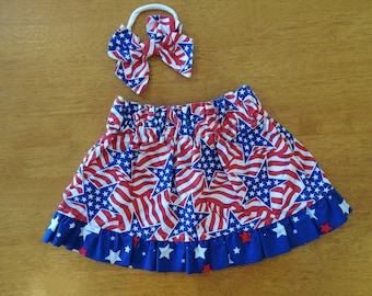 Patriotic Baby Skirt and Bow, 9-12 Months Baby Skirt, Red White and Blue, First Fourth of July, Baby Girl Patriotic Headband, 4th of July