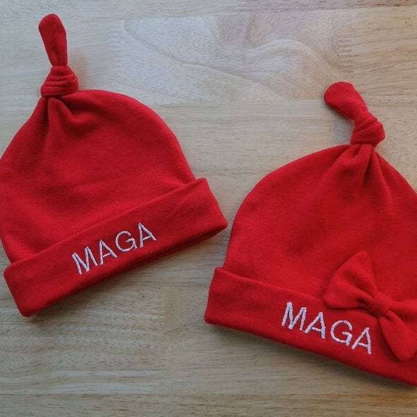 MAGA Baby Hat, 0-6m, 6-12m, Red Top Knot Hat, Embroidered, Republican Baby Clothes, Make America Great Again, TRUMP 2024, Infant, Trump Gift