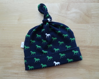 Horse Infant Hat/Gender Neutral Baby Navy/Green/0-3m/Newborn/Photo Prop/Baby Boy/Baby Girl/Infant/Baby Gift/Horses/Top Knot Hat/Coming Home
