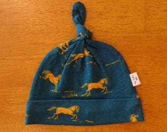 Horse Infant Hat, Gender Neutral Baby Hat, Teal, Newborn Photo Prop, Baby Boy, Girl, Baby Gift, Wild Horses, Top Knot Hat, Baby Coming Home