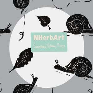 May include: A seamless pattern design featuring black snails and black leaves on a gray background. A central light blue rectangular label displays the text NHerbArt Seamless Pattern Design in white lettering over a white circular backdrop.