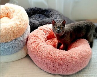 Donut Dog Cat Bed | Calming Dog Cat Bed | Fluffy Dog Bed | Washable Dog Bed | Bed For Cats & Bed For Dogs | Round Cat Bed, Sleeping Cat Bed