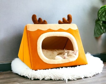 Lit pour chat douillet et pelucheux | Lit douillet pour chat | Elk Deer House, luxueux et confortable | Lit moelleux pour chat | Lit en peluche douce | Grotte pour chat, nid pour chat | Cadeau pour amoureux des chats