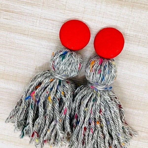 Colorful Gray & Red Button and Yarn Tassel Earrings