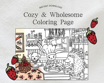 Adorable Coloring Page: Cozy Bunny & Friends Baking Strawberry Cake – Instant Download | Print and Digital Use