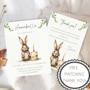 Cute Rabbit Kids Birthday Invitation Set | Free Matching Thank You Card