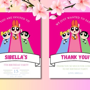 Power Up the Party: Powerpuff Girls verjaardagsfeestje uitnodigingsset | Gratis bijpassende bedankkaart